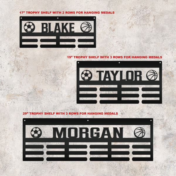 Trophy Shelf-Personalized Sports Award Organizer and Trophy Shelf - 2 Sport Icons - Unique Medals Holder - Ribbon Display