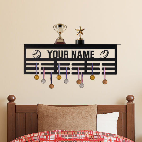Trophy Shelf-Personalized Sports Award Organizer and Trophy Shelf - 2 Sport Icons - Unique Medals Holder - Ribbon Display