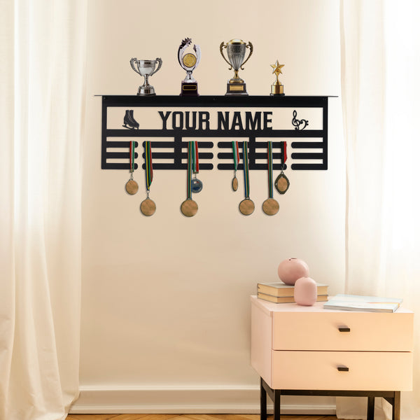 Trophy Shelf-Personalized Sports Award Organizer and Trophy Shelf - 2 Sport Icons - Unique Medals Holder - Ribbon Display