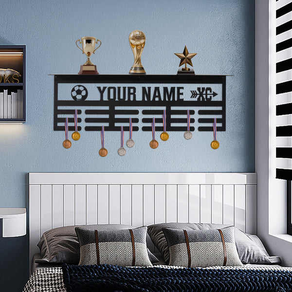 Trophy Shelf-Personalized Sports Award Organizer and Trophy Shelf - 2 Sport Icons - Unique Medals Holder - Ribbon Display