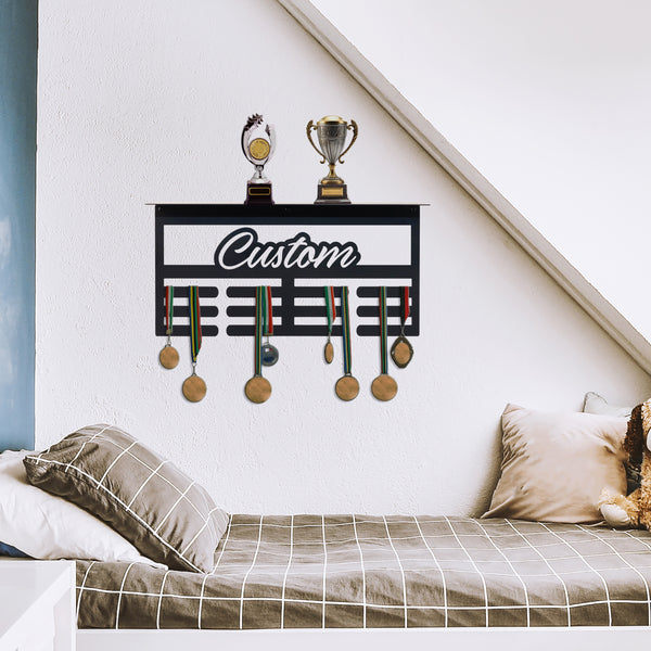 Custom Sports Medals Display with Trophy Shelf - Personalized Athlete Gift - Award Ribbons Organizer -Kids Room Decor - Youth Athletes Sign