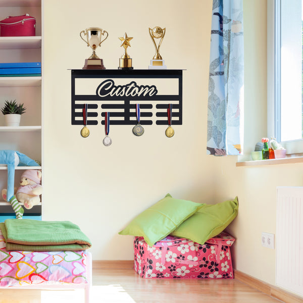 Custom Sports Medals Display with Trophy Shelf - Personalized Athlete Gift - Award Ribbons Organizer -Kids Room Decor - Youth Athletes Sign