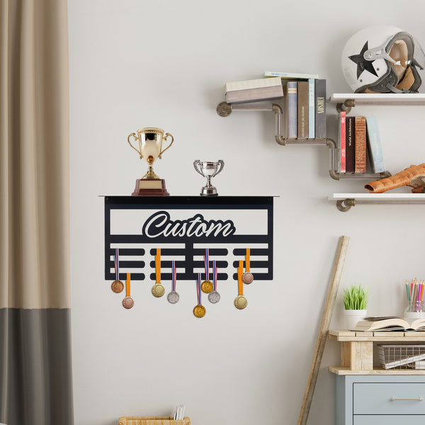 Custom Sports Medals Display with Trophy Shelf - Personalized Athlete Gift - Award Ribbons Organizer -Kids Room Decor - Youth Athletes Sign