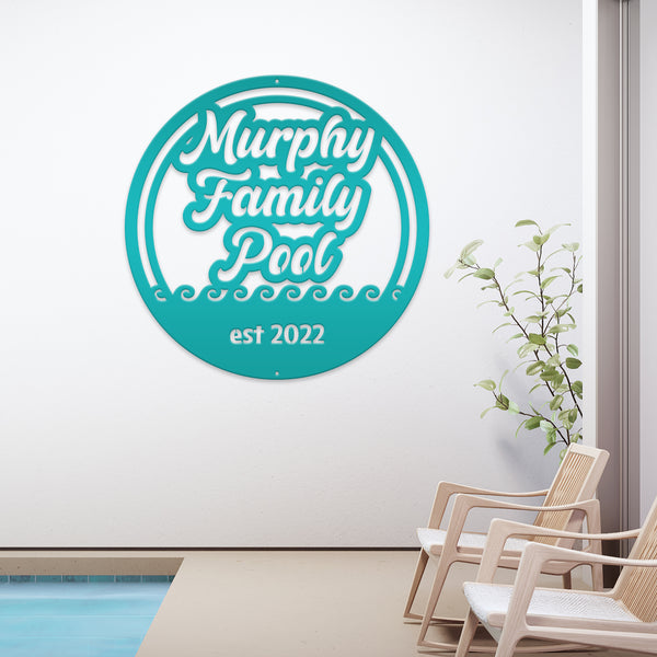 Round Family Pool Waves with Year Established-Community-Recreational-Public-Private Pool Business Sign