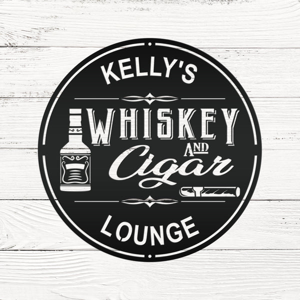 Personalized Whiskey & Cigar Lounge Metal Sign , Indoor -Outdoor Bar Decor - Home Decor Bar Home Decor-Personalized Bar Sign & Wall Decor, Pub & Bar Wall Art