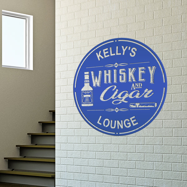 Personalized Whiskey & Cigar Lounge Metal Sign , Indoor -Outdoor Bar Decor - Home Decor Bar Home Decor-Personalized Bar Sign & Wall Decor, Pub & Bar Wall Art
