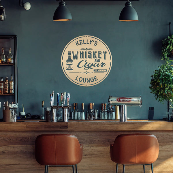 Personalized Whiskey & Cigar Lounge Metal Sign , Indoor -Outdoor Bar Decor - Home Decor Bar Home Decor-Personalized Bar Sign & Wall Decor, Pub & Bar Wall Art