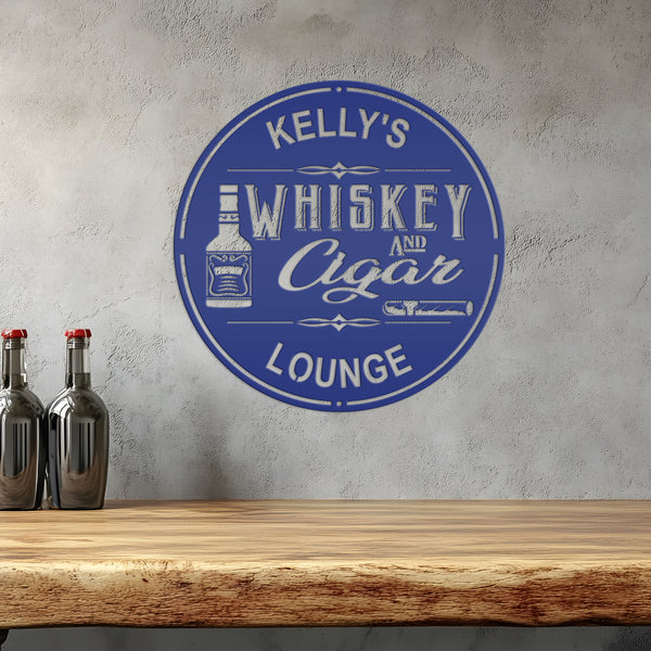 Personalized Whiskey & Cigar Lounge Metal Sign , Indoor -Outdoor Bar Decor - Home Decor Bar Home Decor-Personalized Bar Sign & Wall Decor, Pub & Bar Wall Art