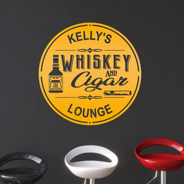 Personalized Whiskey & Cigar Lounge Metal Sign , Indoor -Outdoor Bar Decor - Home Decor Bar Home Decor-Personalized Bar Sign & Wall Decor, Pub & Bar Wall Art
