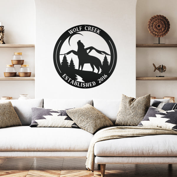 Personalized Name and Established Date Howling Wolf Metal Sign