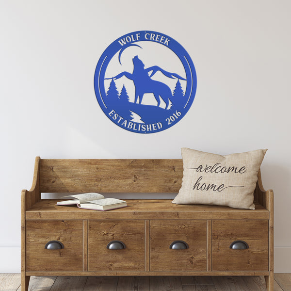 Personalized Name and Established Date Howling Wolf Metal Sign