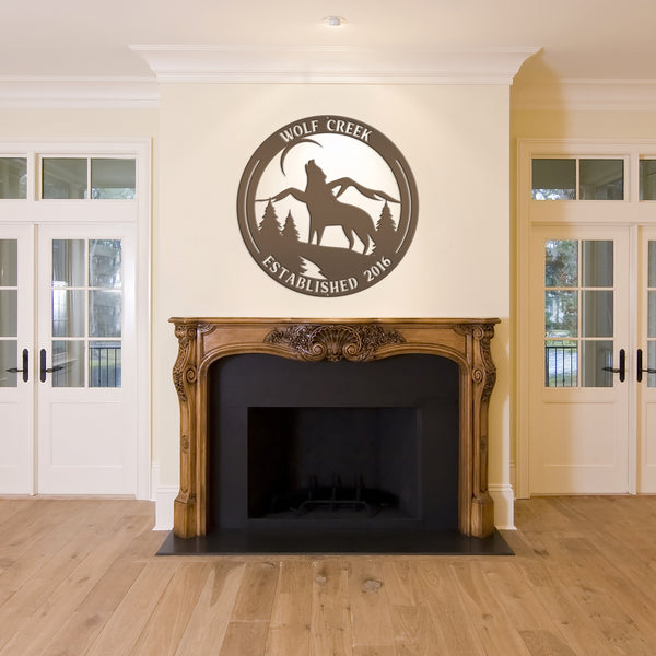 Personalized Name and Established Date Howling Wolf Metal Sign