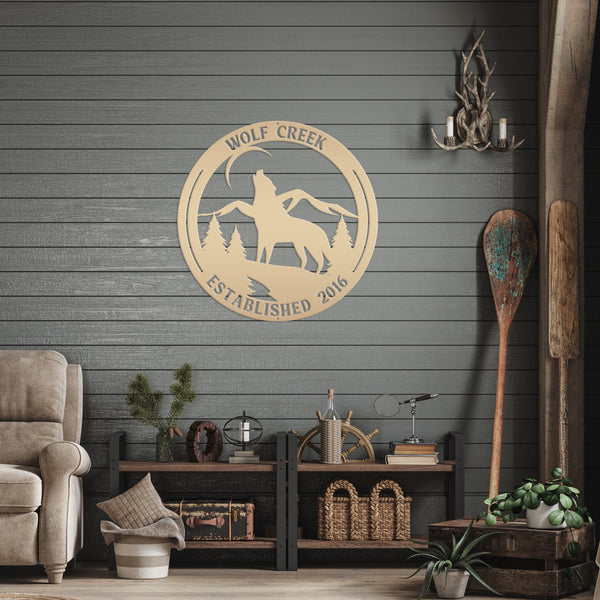 Personalized Name and Established Date Howling Wolf Metal Sign
