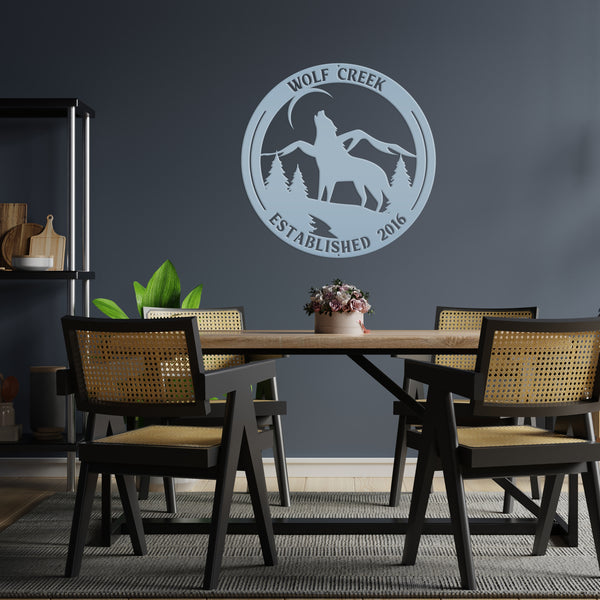 Personalized Name and Established Date Howling Wolf Metal Sign