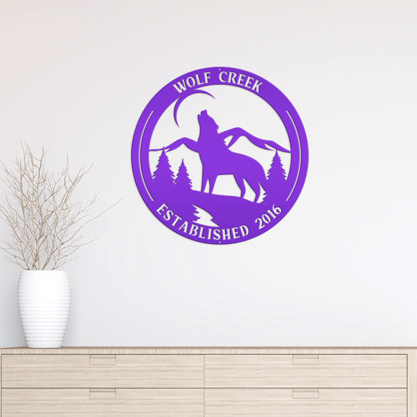 Personalized Name and Established Date Howling Wolf Metal Sign