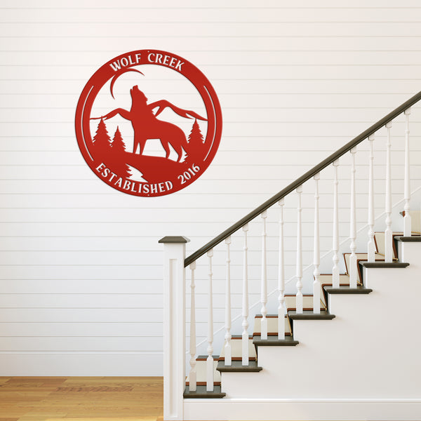 Personalized Name and Established Date Howling Wolf Metal Sign