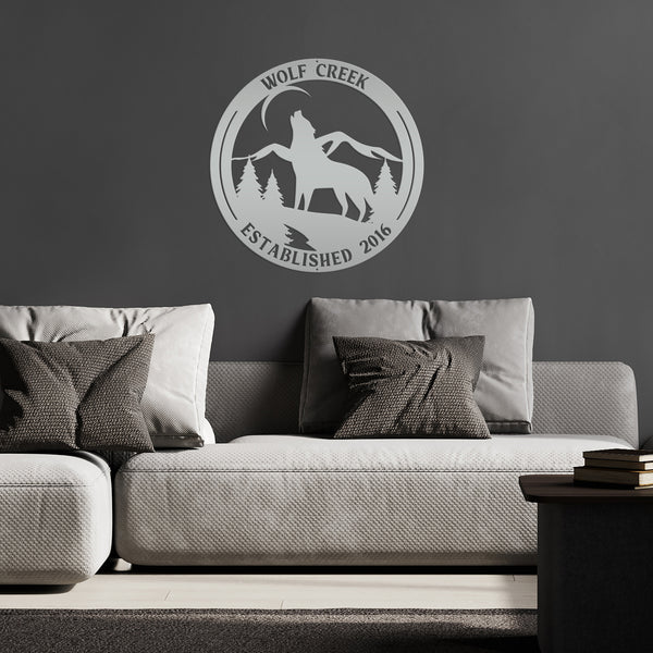 Personalized Name and Established Date Howling Wolf Metal Sign