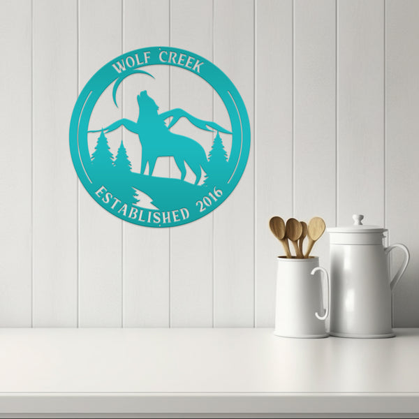 Personalized Name and Established Date Howling Wolf Metal Sign