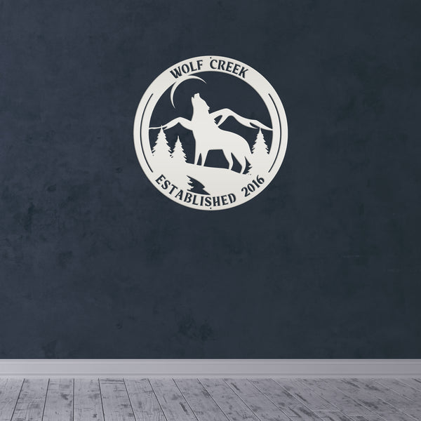 Personalized Name and Established Date Howling Wolf Metal Sign