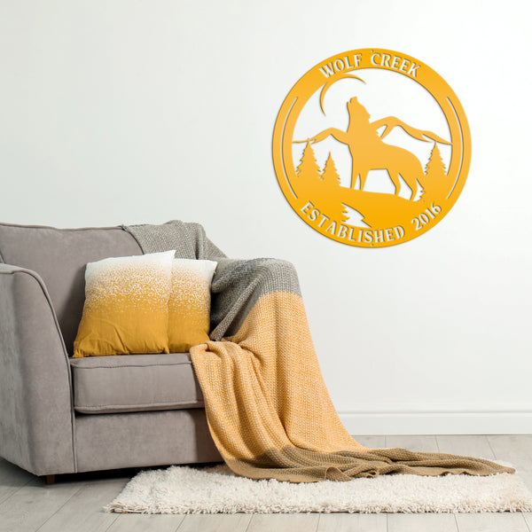 Personalized Name and Established Date Howling Wolf Metal Sign