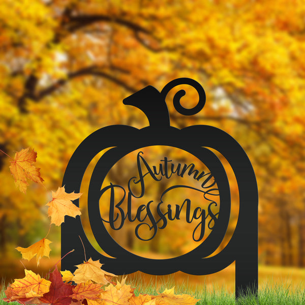 Pumpkin Autumn Blessings Metal Yard Stake -Outdoor Fall Decor