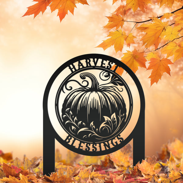 Harvest Blessings Yard Art Stake - Autumn Outdoor Sign - Fall Pumpkin Lawn Decorations - Laser Cut Metal Home Decor - Unique Garden Ornament