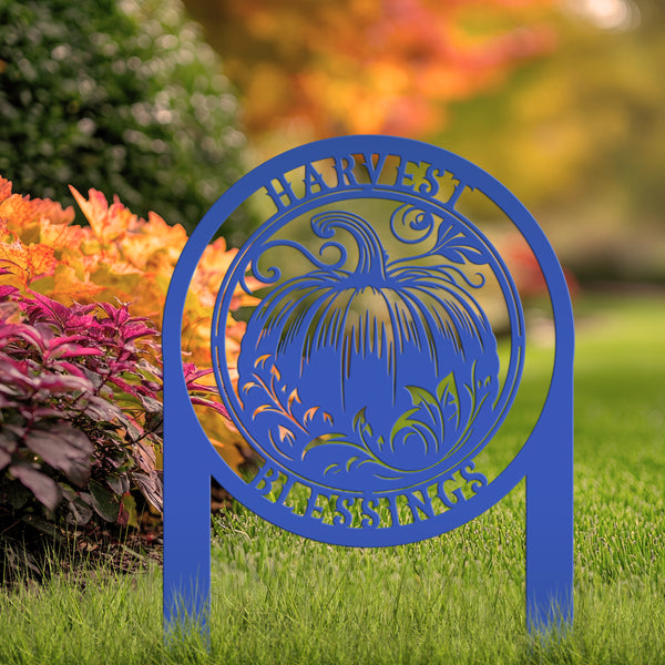 Harvest Blessings Yard Art Stake - Autumn Outdoor Sign - Fall Pumpkin Lawn Decorations - Laser Cut Metal Home Decor - Unique Garden Ornament