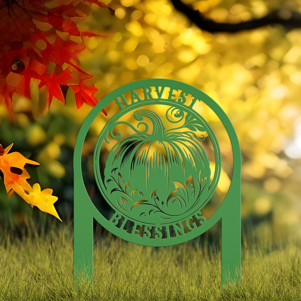 Harvest Blessings Yard Art Stake - Autumn Outdoor Sign - Fall Pumpkin Lawn Decorations - Laser Cut Metal Home Decor - Unique Garden Ornament