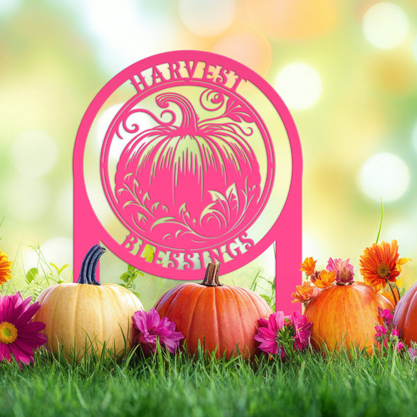 Harvest Blessings Yard Art Stake - Autumn Outdoor Sign - Fall Pumpkin Lawn Decorations - Laser Cut Metal Home Decor - Unique Garden Ornament