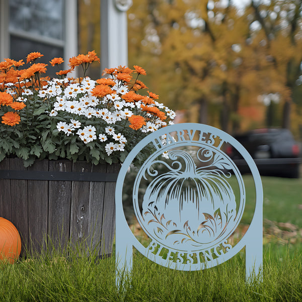 Harvest Blessings Yard Art Stake - Autumn Outdoor Sign - Fall Pumpkin Lawn Decorations - Laser Cut Metal Home Decor - Unique Garden Ornament