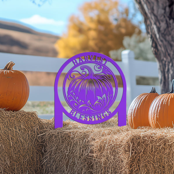 Harvest Blessings Yard Art Stake - Autumn Outdoor Sign - Fall Pumpkin Lawn Decorations - Laser Cut Metal Home Decor - Unique Garden Ornament