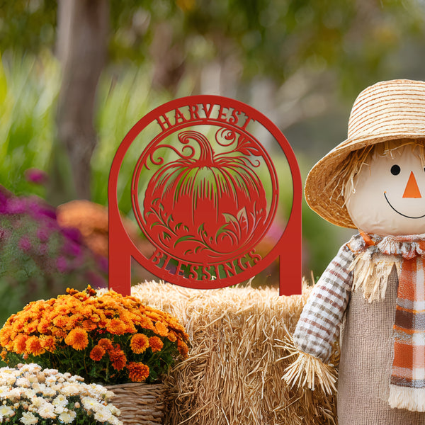 Harvest Blessings Yard Art Stake - Autumn Outdoor Sign - Fall Pumpkin Lawn Decorations - Laser Cut Metal Home Decor - Unique Garden Ornament