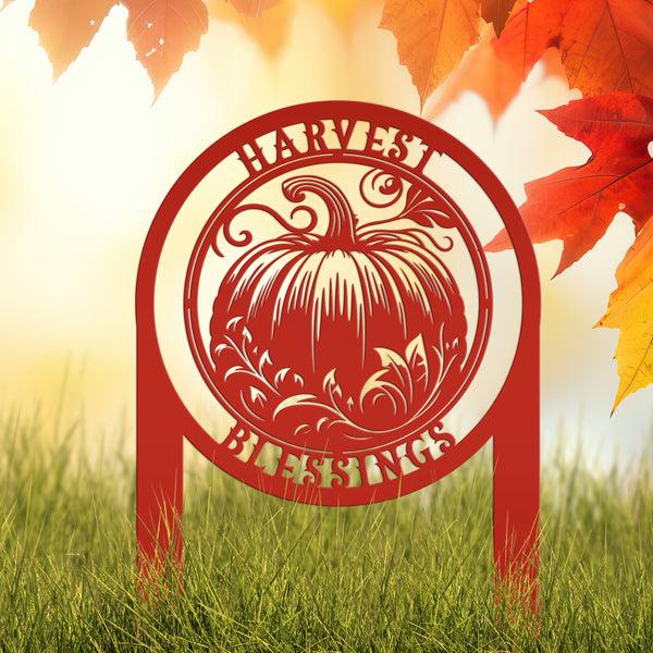 Harvest Blessings Yard Art Stake - Autumn Outdoor Sign - Fall Pumpkin Lawn Decorations - Laser Cut Metal Home Decor - Unique Garden Ornament