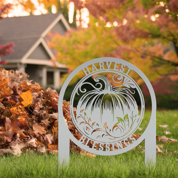 Harvest Blessings Yard Art Stake - Autumn Outdoor Sign - Fall Pumpkin Lawn Decorations - Laser Cut Metal Home Decor - Unique Garden Ornament