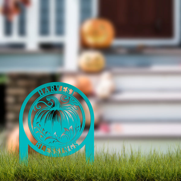 Harvest Blessings Yard Art Stake - Autumn Outdoor Sign - Fall Pumpkin Lawn Decorations - Laser Cut Metal Home Decor - Unique Garden Ornament