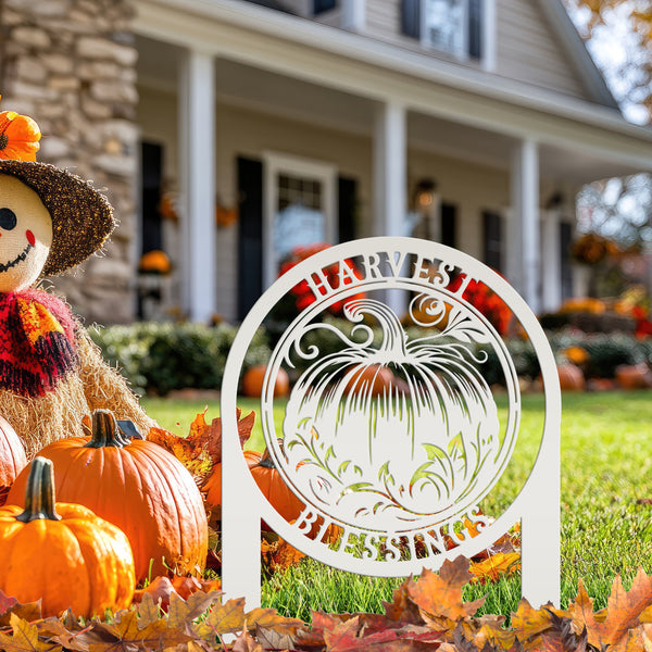 Harvest Blessings Yard Art Stake - Autumn Outdoor Sign - Fall Pumpkin Lawn Decorations - Laser Cut Metal Home Decor - Unique Garden Ornament