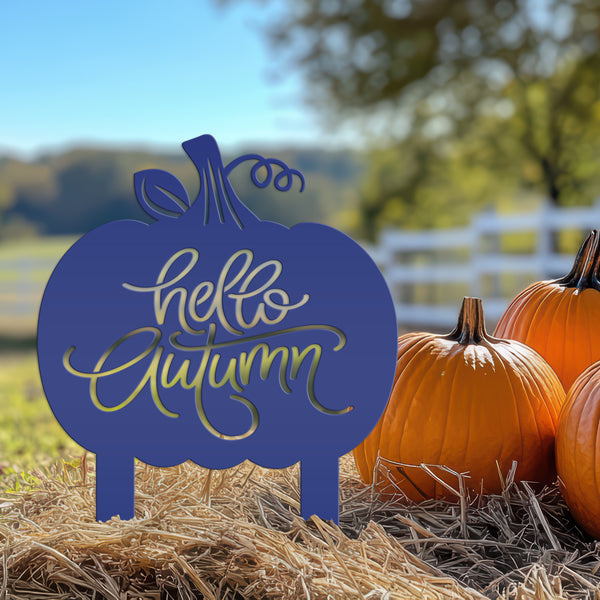 Hello Autumn Metal Yard Stake - Pumpkin Yard Sign-Pumpkin sign- Fall Yard Decorations