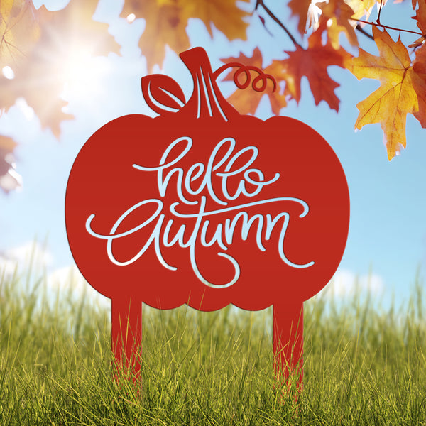 Hello Autumn Metal Yard Stake - Pumpkin Yard Sign-Pumpkin sign- Fall Yard Decorations