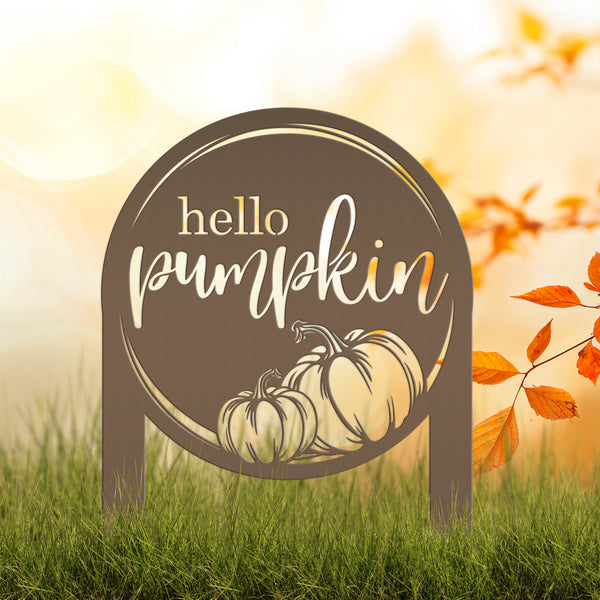 Hello Pumpkin Metal Yard Stake for Autumn Decor - Thanksgiving Lawn Ornament - Cute Fall Garden Decorations - Charming Outdoor Seasonal Sign