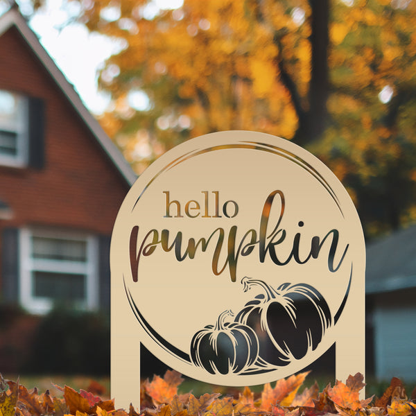 Hello Pumpkin Metal Yard Stake for Autumn Decor - Thanksgiving Lawn Ornament - Cute Fall Garden Decorations - Charming Outdoor Seasonal Sign
