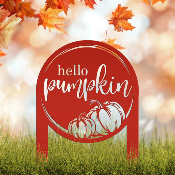 Hello Pumpkin Metal Yard Stake for Autumn Decor - Thanksgiving Lawn Ornament - Cute Fall Garden Decorations - Charming Outdoor Seasonal Sign