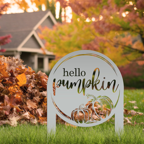 Hello Pumpkin Metal Yard Stake for Autumn Decor - Thanksgiving Lawn Ornament - Cute Fall Garden Decorations - Charming Outdoor Seasonal Sign