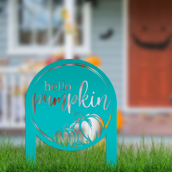 Hello Pumpkin Metal Yard Stake for Autumn Decor - Thanksgiving Lawn Ornament - Cute Fall Garden Decorations - Charming Outdoor Seasonal Sign