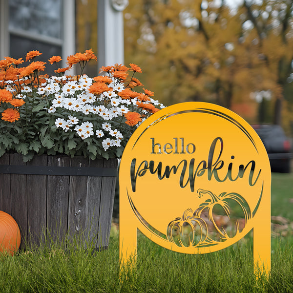 Hello Pumpkin Metal Yard Stake for Autumn Decor - Thanksgiving Lawn Ornament - Cute Fall Garden Decorations - Charming Outdoor Seasonal Sign