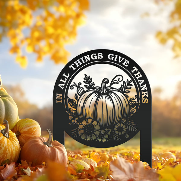 Give Thanks Outdoor Decoration - Fall Harvest Metal Yard Art - Thanksgiving Pumpkin Lawn Stake - Charming Autumn Decor - Cute Farmhouse Sign