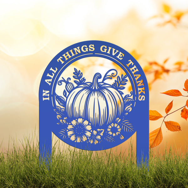 Give Thanks Outdoor Decoration - Fall Harvest Metal Yard Art - Thanksgiving Pumpkin Lawn Stake - Charming Autumn Decor - Cute Farmhouse Sign