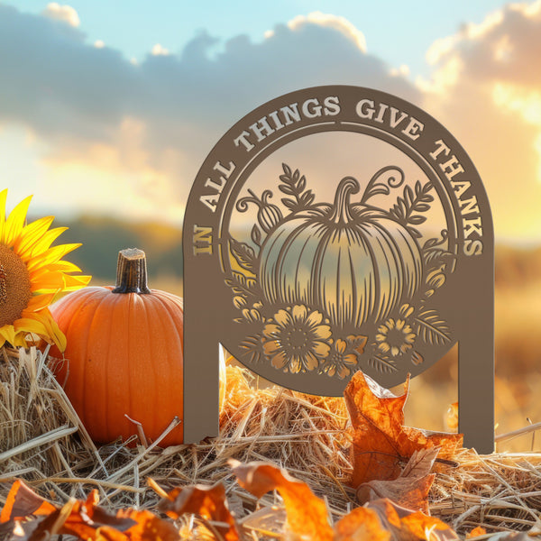 Give Thanks Outdoor Decoration - Fall Harvest Metal Yard Art - Thanksgiving Pumpkin Lawn Stake - Charming Autumn Decor - Cute Farmhouse Sign