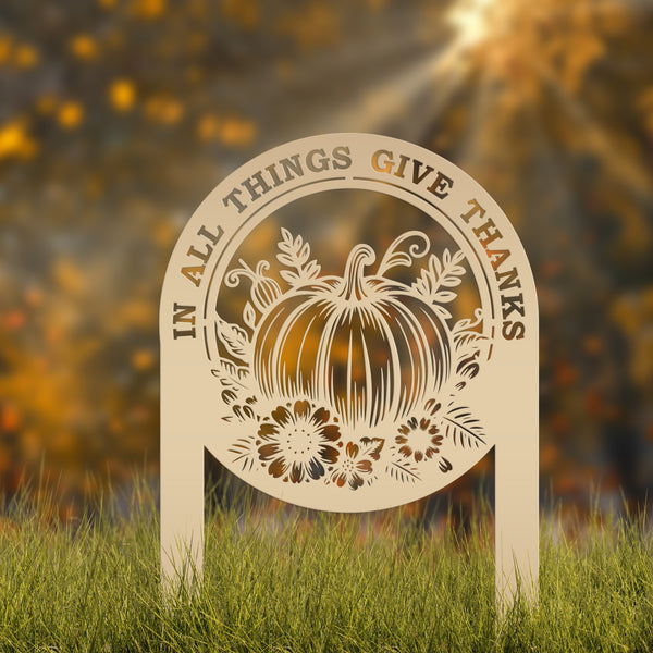 Give Thanks Outdoor Decoration - Fall Harvest Metal Yard Art - Thanksgiving Pumpkin Lawn Stake - Charming Autumn Decor - Cute Farmhouse Sign