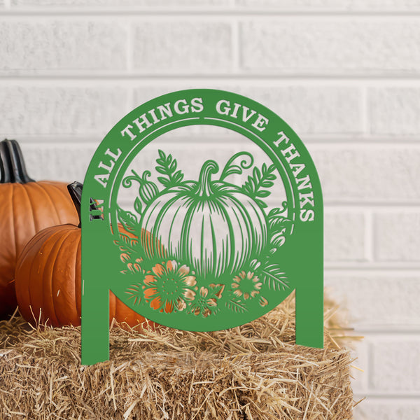Give Thanks Outdoor Decoration - Fall Harvest Metal Yard Art - Thanksgiving Pumpkin Lawn Stake - Charming Autumn Decor - Cute Farmhouse Sign