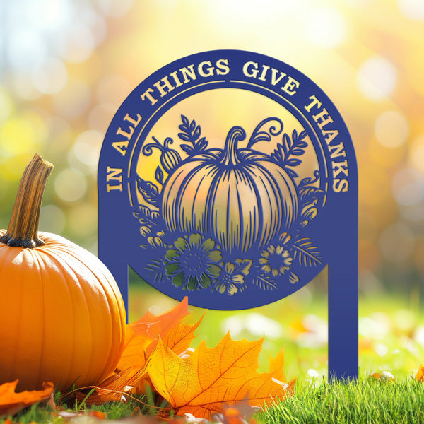 Give Thanks Outdoor Decoration - Fall Harvest Metal Yard Art - Thanksgiving Pumpkin Lawn Stake - Charming Autumn Decor - Cute Farmhouse Sign